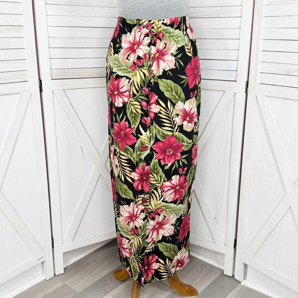 Haggar‎ Vintage Linen Tropical Flower Print Button Front Maxi Skirt Black Pink 8
